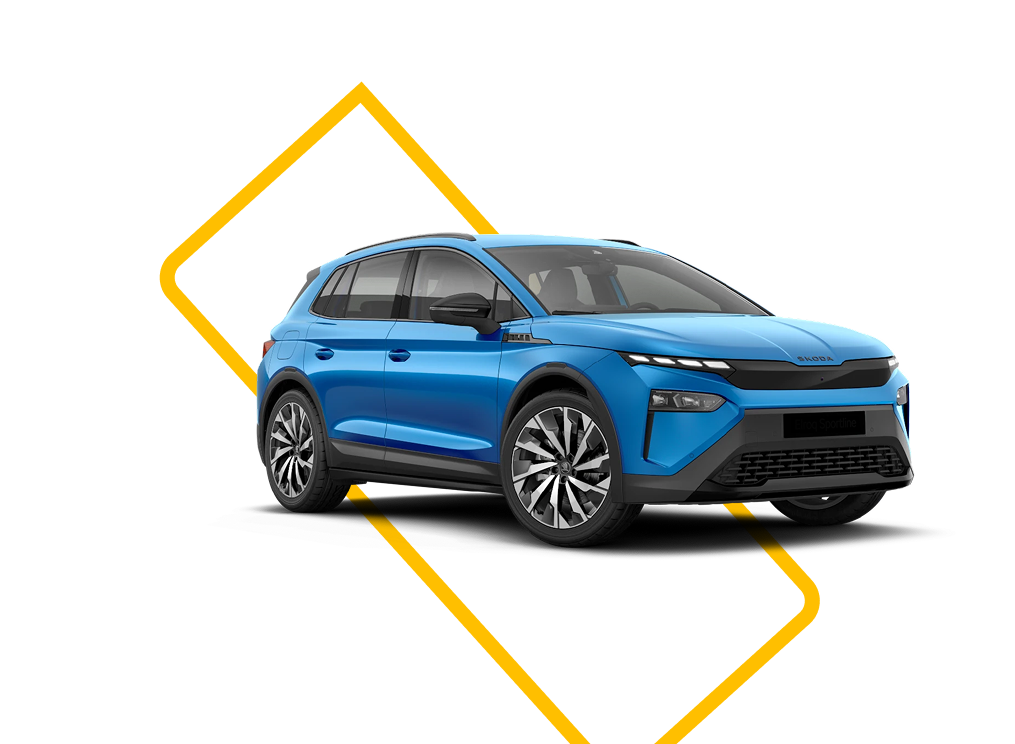 Blauwe Skoda Elroq met gele rechthoek
